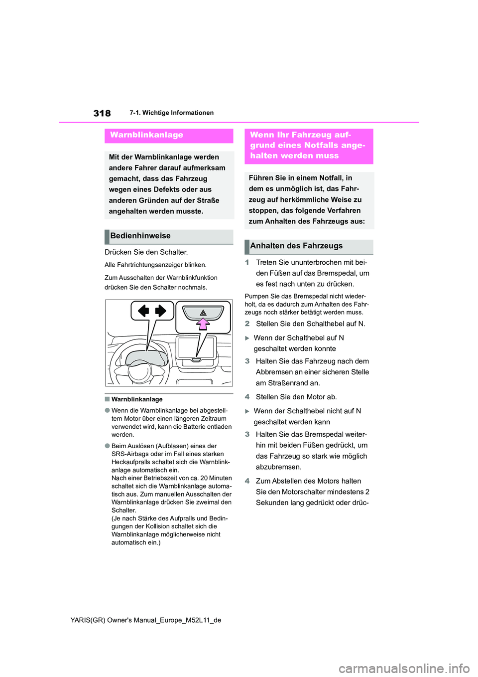 TOYOTA GR YARIS 2020 Betriebsanleitungen (in German) 318
YARIS(GR) Owners Manual_Europe_M52L11_de
7-1. Wichtige Informationen
7-1.Wichtige In formatione n
Drücken Sie den Schalter.
Alle Fahrtrichtungsanzeiger blinken.
Zum Ausschalten der Warnblinkfu TOYOTA GR YARIS 2020 Betriebsanleitungen (in German) 318
YARIS(GR) Owners Manual_Europe_M52L11_de
7-1. Wichtige Informationen
7-1.Wichtige In formatione n
Drücken Sie den Schalter.
Alle Fahrtrichtungsanzeiger blinken.
Zum Ausschalten der Warnblinkfu