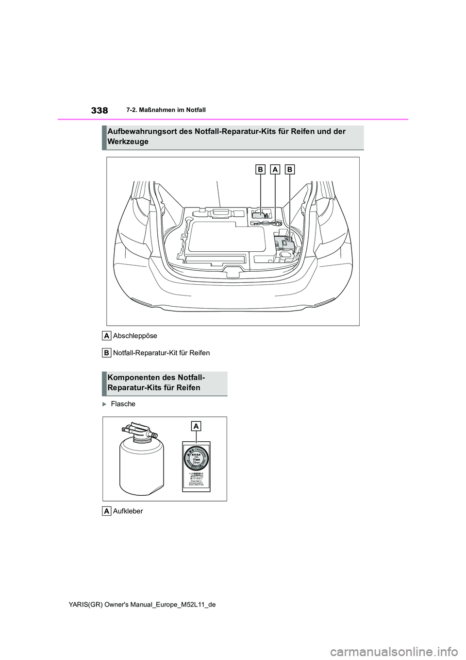 TOYOTA GR YARIS 2020 Betriebsanleitungen (in German) 338
YARIS(GR) Owners Manual_Europe_M52L11_de
7-2. Maßnahmen im Notfall
Abschleppöse
Notfall-Reparatur-Kit für Reifen
Flasche
Aufkleber
Aufbewahrungsort des Notfall-Reparatur-Kits für Reifen TOYOTA GR YARIS 2020 Betriebsanleitungen (in German) 338
YARIS(GR) Owners Manual_Europe_M52L11_de
7-2. Maßnahmen im Notfall
Abschleppöse
Notfall-Reparatur-Kit für Reifen
Flasche
Aufkleber
Aufbewahrungsort des Notfall-Reparatur-Kits für Reifen