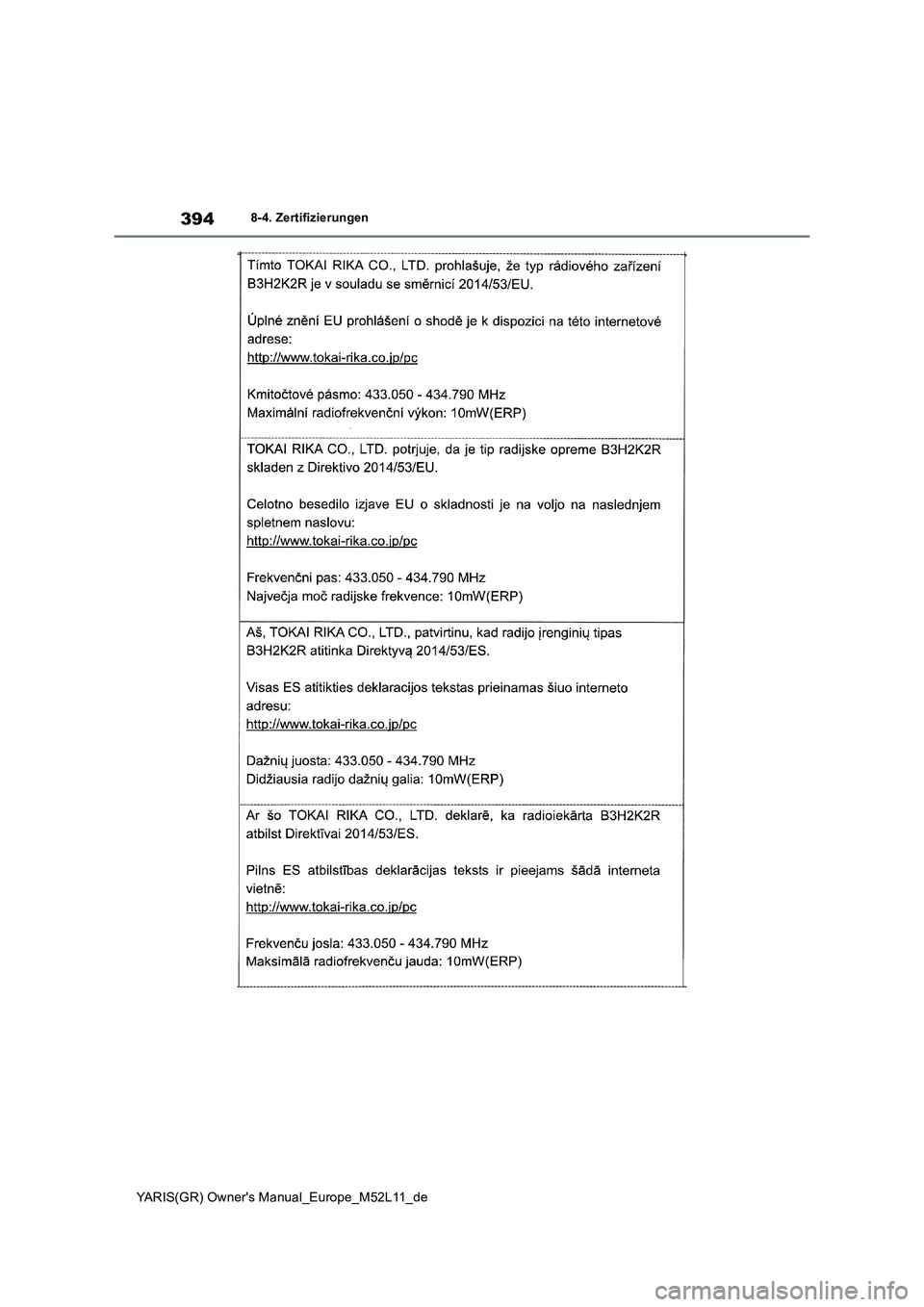 TOYOTA GR YARIS 2020 Betriebsanleitungen (in German) 394
YARIS(GR) Owners Manual_Europe_M52L11_de
8-4. Zertifizierungen TOYOTA GR YARIS 2020 Betriebsanleitungen (in German) 394
YARIS(GR) Owners Manual_Europe_M52L11_de
8-4. Zertifizierungen