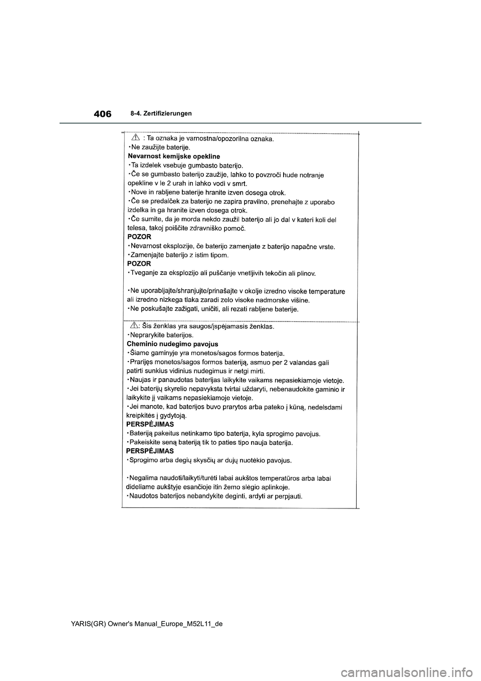 TOYOTA GR YARIS 2020 Betriebsanleitungen (in German) 406
YARIS(GR) Owners Manual_Europe_M52L11_de
8-4. Zertifizierungen TOYOTA GR YARIS 2020 Betriebsanleitungen (in German) 406
YARIS(GR) Owners Manual_Europe_M52L11_de
8-4. Zertifizierungen