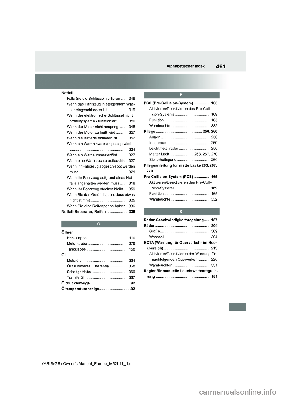 TOYOTA GR YARIS 2020  Betriebsanleitungen (in German) 461
YARIS(GR) Owners Manual_Europe_M52L11_de
Alphabetischer Index
Notfall 
Falls Sie die Schlüssel verlieren ....... 349
Wenn das Fahrzeug in steigendem Was-
ser eingeschlossen ist .................