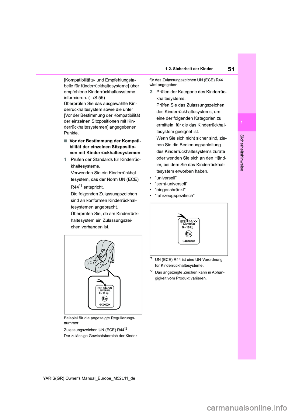 TOYOTA GR YARIS 2020  Betriebsanleitungen (in German) 51
1
YARIS(GR) Owners Manual_Europe_M52L11_de
1-2. Sicherheit der Kinder
Sicherheitshinweise
[Kompatibilitäts- und Empfehlungsta- 
belle für Kinderrückhaltesysteme] über 
empfohlene Kinderrückha