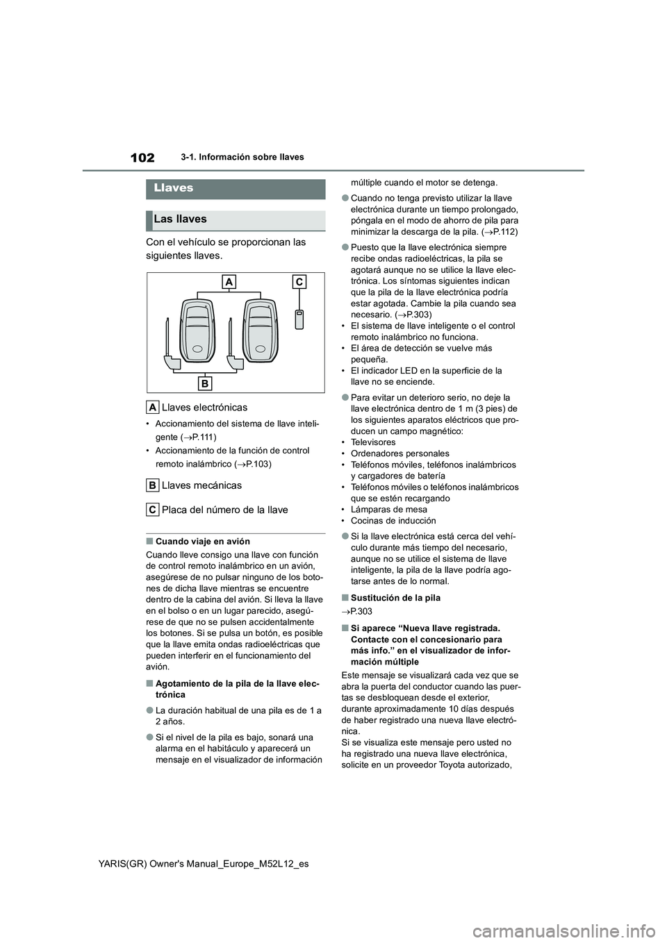 TOYOTA GR YARIS 2020 Manuale de Empleo (in Spanish) 102
YARIS(GR) Owners Manual_Europe_M52L12_es
3-1. Información sobre llaves
3-1.In formación sobre llav es
Con el vehículo se proporcionan las
siguientes llaves.
Llaves electrónicas
• Acciona TOYOTA GR YARIS 2020 Manuale de Empleo (in Spanish) 102
YARIS(GR) Owners Manual_Europe_M52L12_es
3-1. Información sobre llaves
3-1.In formación sobre llav es
Con el vehículo se proporcionan las
siguientes llaves.
Llaves electrónicas
• Acciona