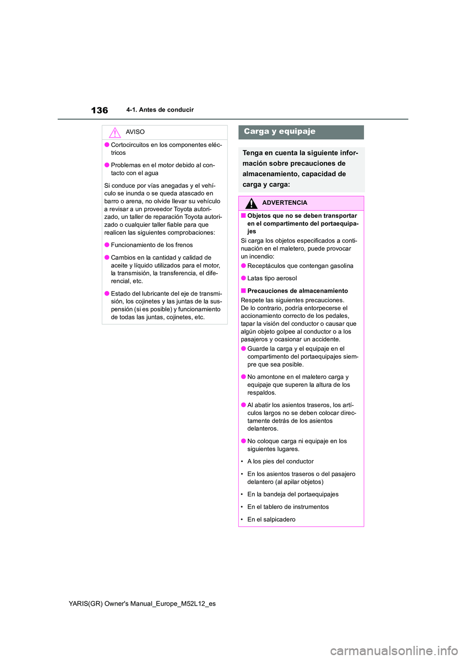 TOYOTA GR YARIS 2020  Manuale de Empleo (in Spanish) 136
YARIS(GR) Owners Manual_Europe_M52L12_es
4-1. Antes de conducir
AV I S O
●Cortocircuitos en los componentes eléc- 
tricos
●Problemas en el motor debido al con- tacto con el agua 
Si conduce 
