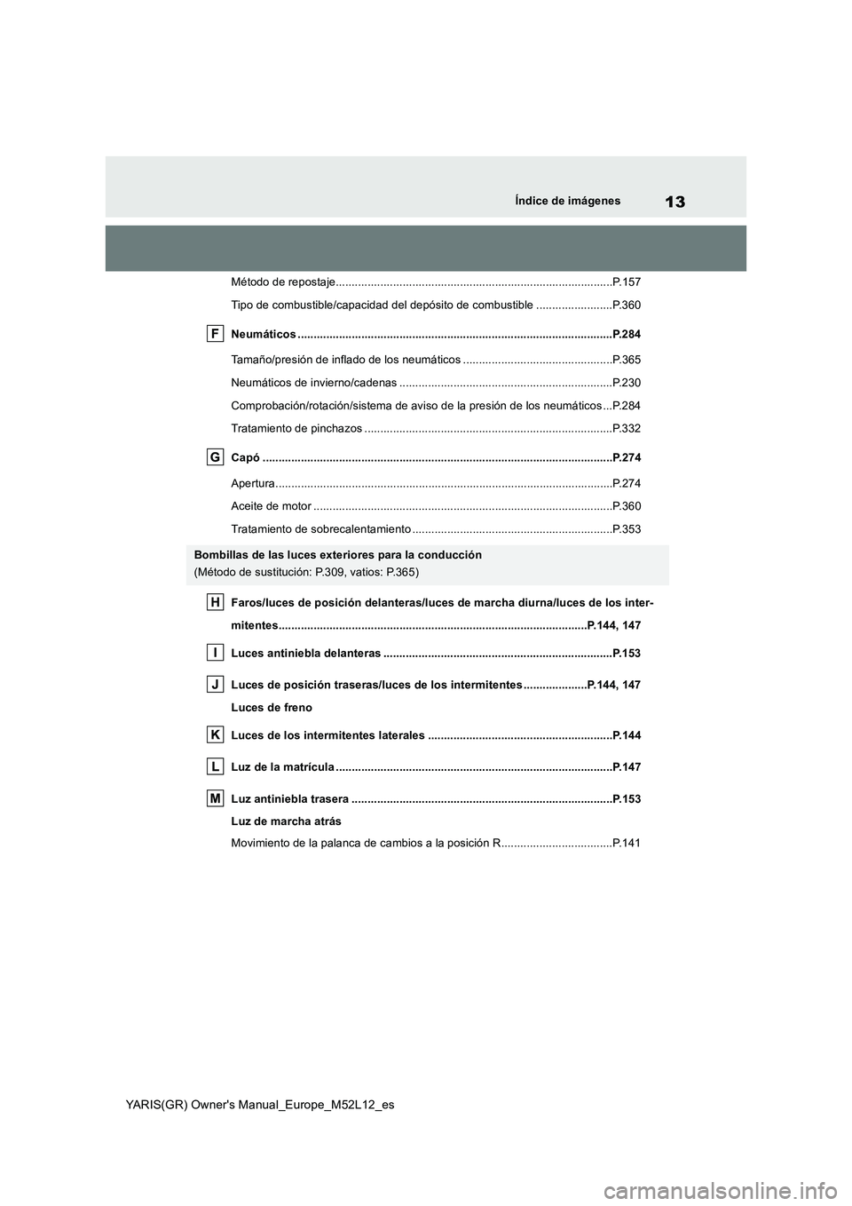 TOYOTA GR YARIS 2020 Manuale de Empleo (in Spanish) 13
YARIS(GR) Owners Manual_Europe_M52L12_es
Índice de imágenes
Método de repostaje.......................................................................................P.157
Tipo de combustible/ TOYOTA GR YARIS 2020 Manuale de Empleo (in Spanish) 13
YARIS(GR) Owners Manual_Europe_M52L12_es
Índice de imágenes
Método de repostaje.......................................................................................P.157
Tipo de combustible/