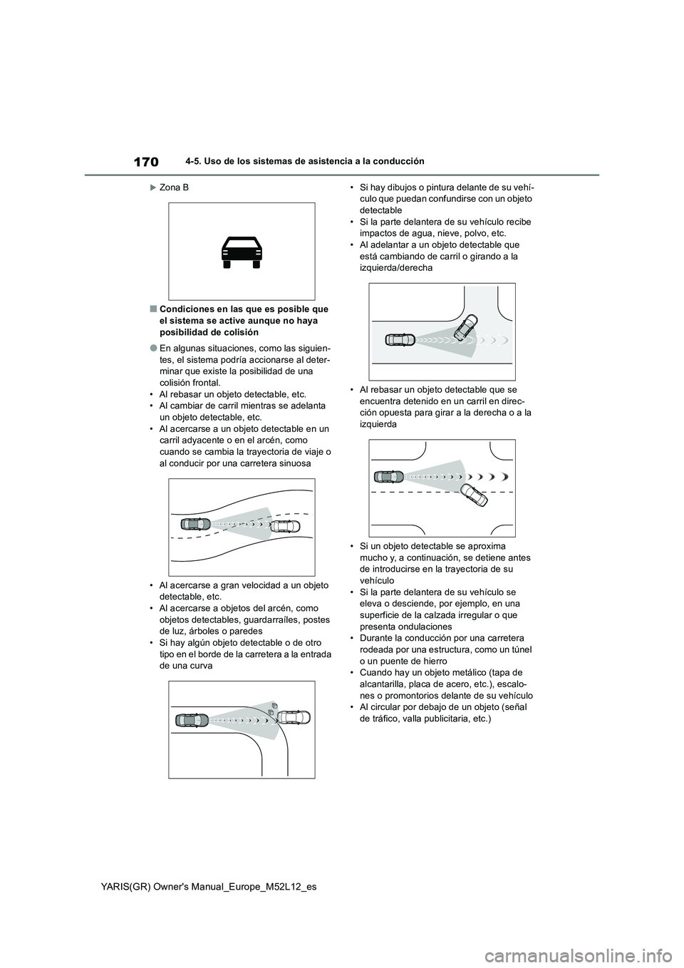 TOYOTA GR YARIS 2020 Manuale de Empleo (in Spanish) 170
YARIS(GR) Owners Manual_Europe_M52L12_es
4-5. Uso de los sistemas de asistencia a la conducción
Zona B
■Condiciones en las que es posible que
el sistema se active aunque no haya posibili TOYOTA GR YARIS 2020 Manuale de Empleo (in Spanish) 170
YARIS(GR) Owners Manual_Europe_M52L12_es
4-5. Uso de los sistemas de asistencia a la conducción
Zona B
■Condiciones en las que es posible que
el sistema se active aunque no haya posibili