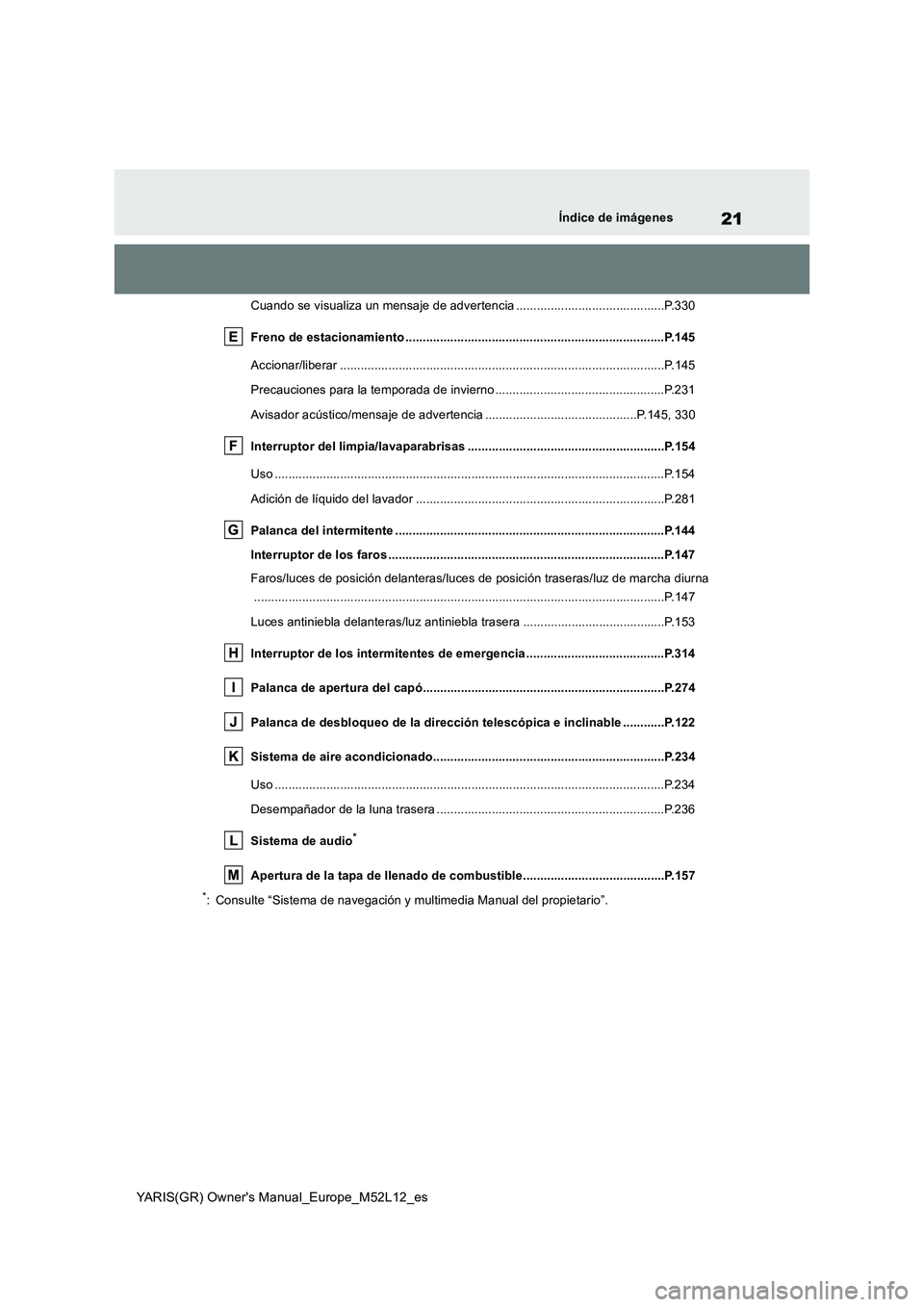 TOYOTA GR YARIS 2020 Manuale de Empleo (in Spanish) 21
YARIS(GR) Owners Manual_Europe_M52L12_es
Índice de imágenes
Cuando se visualiza un mensaje de advertencia ...........................................P.330
Freno de estacionamiento ............. TOYOTA GR YARIS 2020 Manuale de Empleo (in Spanish) 21
YARIS(GR) Owners Manual_Europe_M52L12_es
Índice de imágenes
Cuando se visualiza un mensaje de advertencia ...........................................P.330
Freno de estacionamiento .............