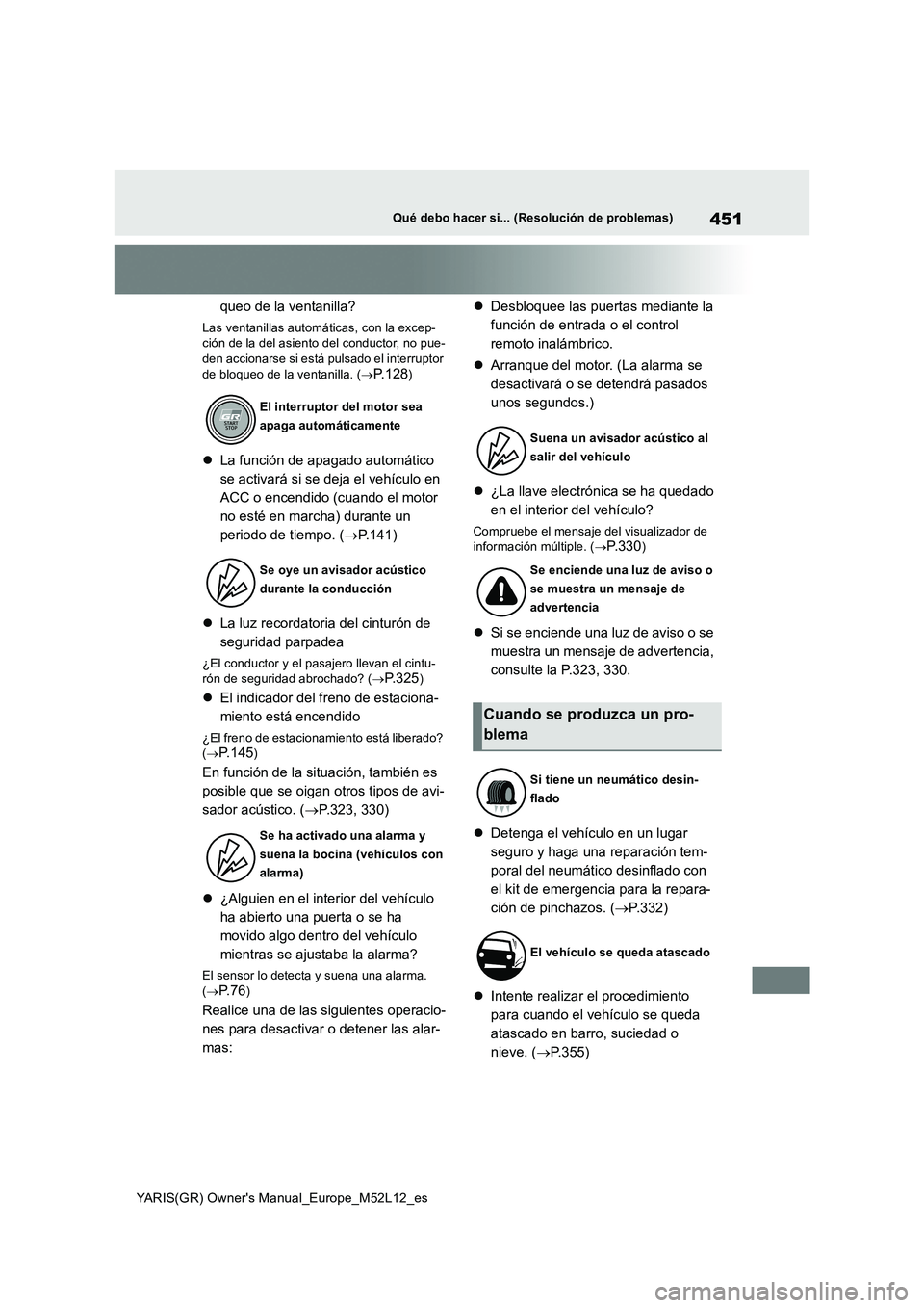 TOYOTA GR YARIS 2020 Manuale de Empleo (in Spanish) 451
YARIS(GR) Owners Manual_Europe_M52L12_es
Qué debo hacer si... (Resolución de problemas)
queo de la ventanilla?
Las ventanillas automáticas, con la excep- ción de la del asiento del conductor, TOYOTA GR YARIS 2020 Manuale de Empleo (in Spanish) 451
YARIS(GR) Owners Manual_Europe_M52L12_es
Qué debo hacer si... (Resolución de problemas)
queo de la ventanilla?
Las ventanillas automáticas, con la excep- ción de la del asiento del conductor,