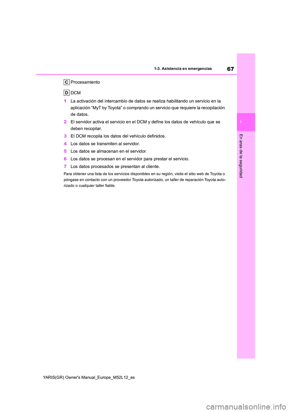 TOYOTA GR YARIS 2020  Manuale de Empleo (in Spanish) 67
1
YARIS(GR) Owners Manual_Europe_M52L12_es
1-3. Asistencia en emergencias
En aras de la seguridad
Procesamiento 
DCM 
1 La activación del intercambio de datos se realiza habilitando un servicio e