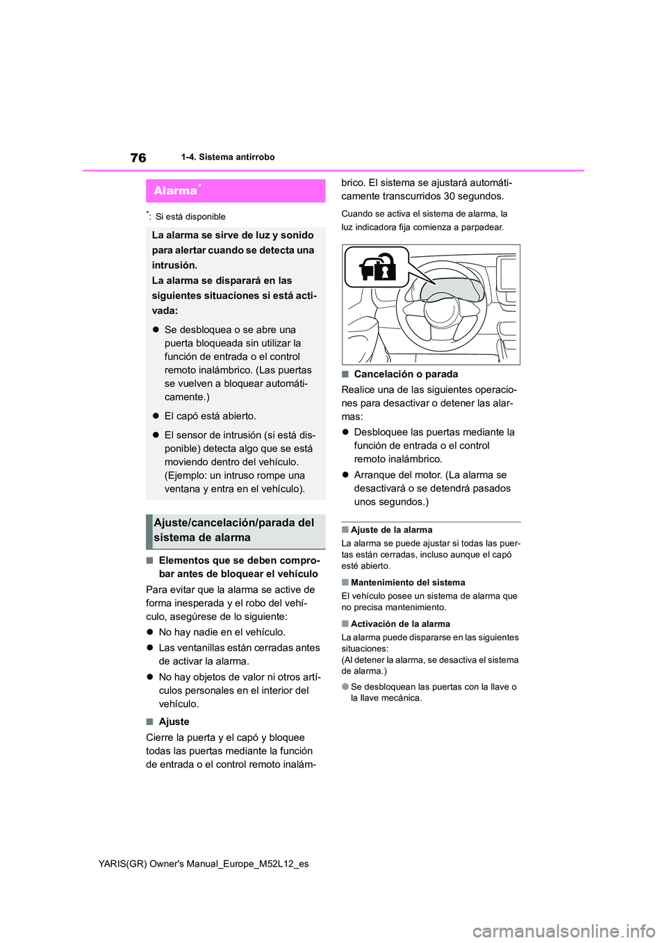 TOYOTA GR YARIS 2020  Manuale de Empleo (in Spanish) 76
YARIS(GR) Owners Manual_Europe_M52L12_es
1-4. Sistema antirrobo
*: Si está disponible
■Elementos que se deben compro- 
bar antes de bloquear el vehículo 
Para evitar que la alarma se active de