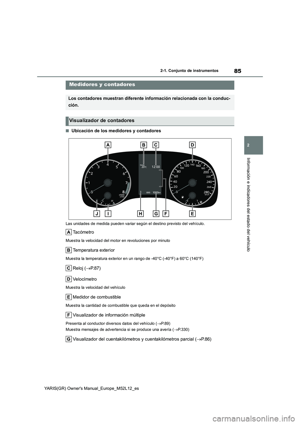 TOYOTA GR YARIS 2020  Manuale de Empleo (in Spanish) 85
2
YARIS(GR) Owners Manual_Europe_M52L12_es
2-1. Conjunto de instrumentos
Información e indicadores del estado del vehículo
■Ubicación de los medidores y contadores
Las unidades de medida pued