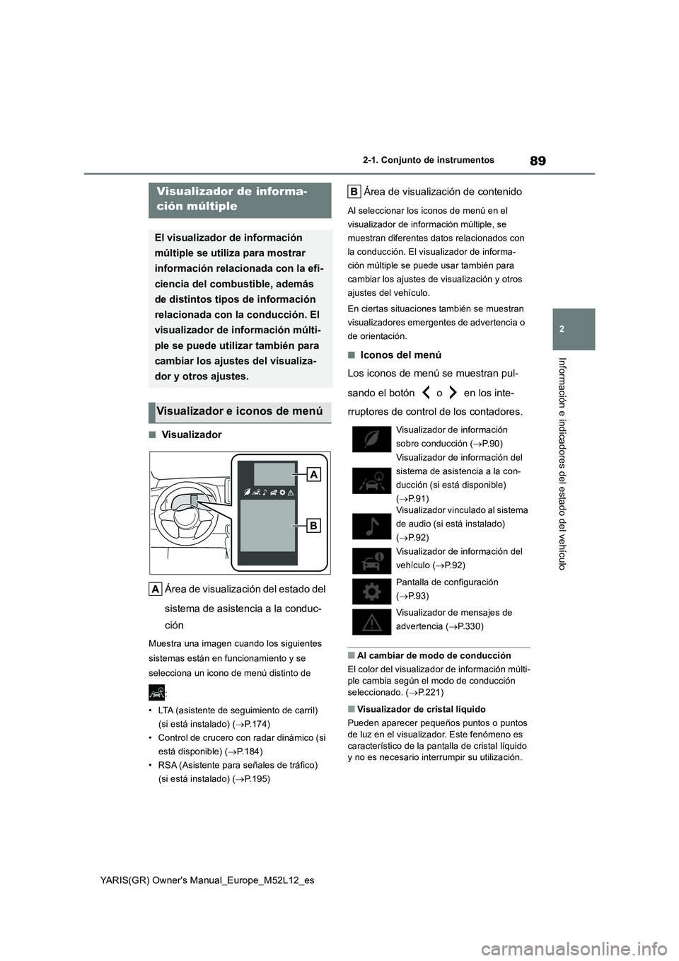 TOYOTA GR YARIS 2020  Manuale de Empleo (in Spanish) 89
2
YARIS(GR) Owners Manual_Europe_M52L12_es
2-1. Conjunto de instrumentos
Información e indicadores del estado del vehículo
■Visualizador 
Área de visualización del estado del  
sistema de as