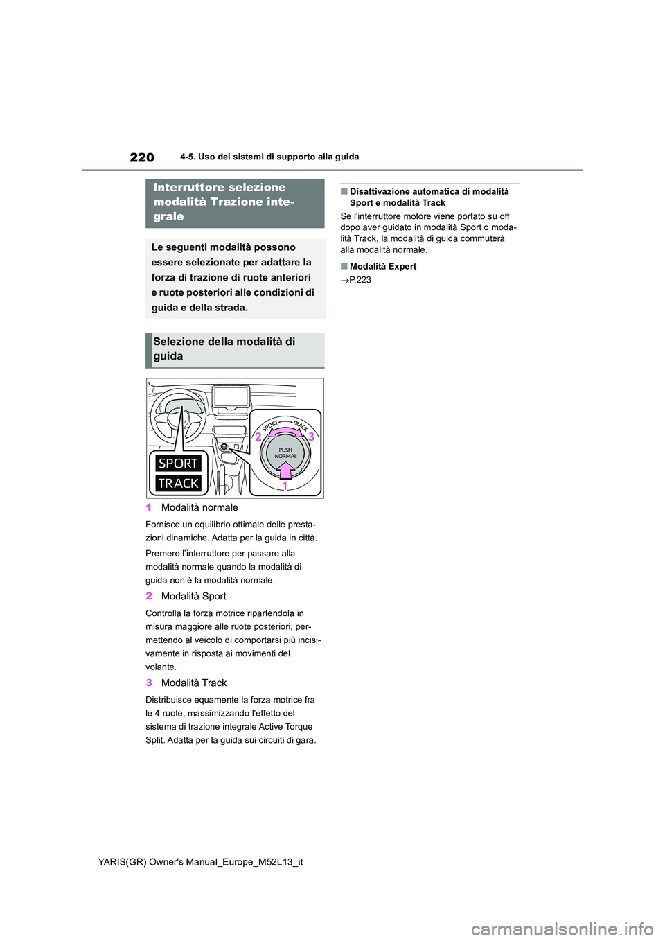 TOYOTA GR YARIS 2020  Manuale duso (in Italian) 220
YARIS(GR) Owners Manual_Europe_M52L13_it
4-5. Uso dei sistemi di supporto alla guida
1Modalità normale
Fornisce un equilibrio ottimale delle presta- 
zioni dinamiche. Adatta per la guida in citt