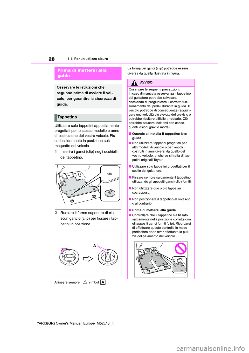 TOYOTA GR YARIS 2020  Manuale duso (in Italian) 28
YARIS(GR) Owners Manual_Europe_M52L13_it
1-1. Per un utilizzo sicuro
1-1.Per un  utilizz o s ic uro
Utilizzare solo tappetini appositamente  
progettati per lo stesso modello e anno 
di costruzion