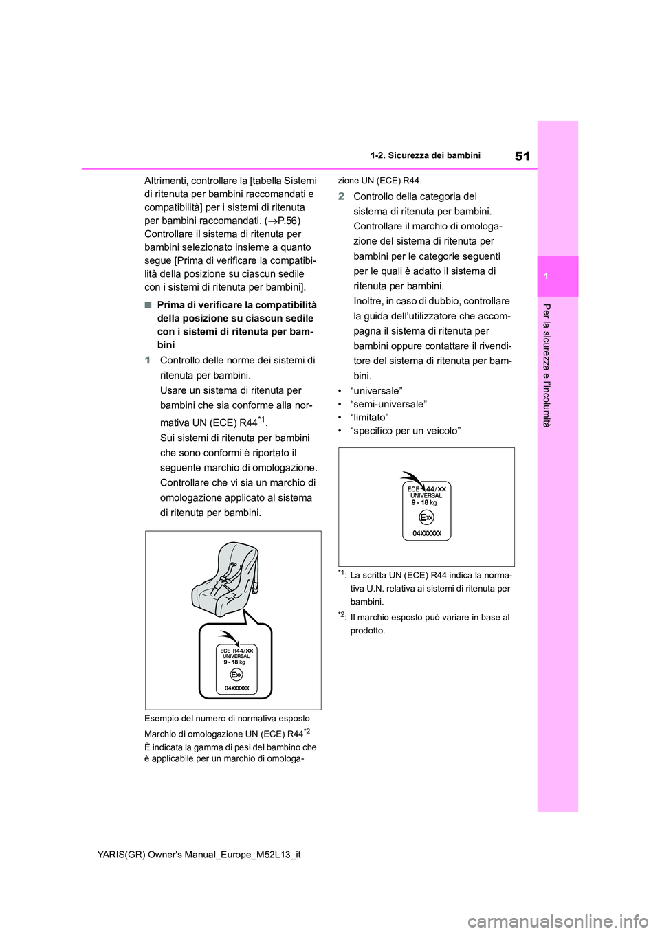 TOYOTA GR YARIS 2020  Manuale duso (in Italian) 51
1
YARIS(GR) Owners Manual_Europe_M52L13_it
1-2. Sicurezza dei bambini
Per la sicurezza e l’incolumità
Altrimenti, controllare la [tabella Sistemi  
di ritenuta per bambini raccomandati e 
compa