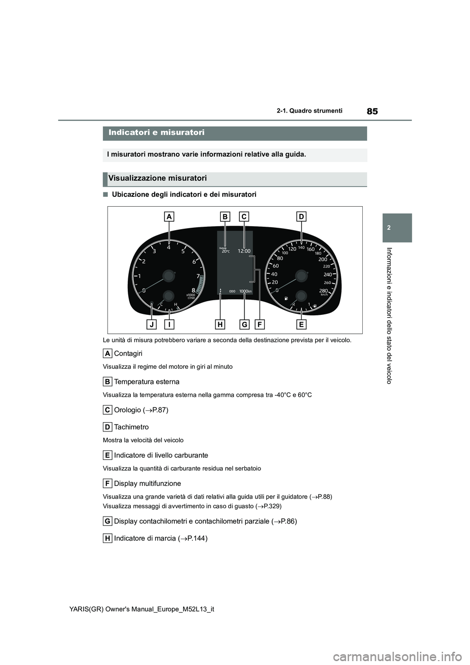 TOYOTA GR YARIS 2020  Manuale duso (in Italian) 85
2
YARIS(GR) Owners Manual_Europe_M52L13_it
2-1. Quadro strumenti
Informazioni e indicatori dello stato del veicolo
■Ubicazione degli indicatori e dei misuratori
Le unità di misura potrebbero va