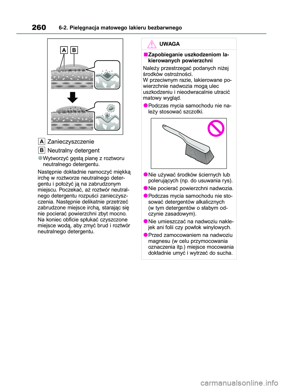TOYOTA GR YARIS 2020  Instrukcja obsługi (in Polish) Zanieczyszczenie
Neutralny detergent
Wytworzyç g´stà pian´ z roztworu
neutralnego detergentu.
Nast´pnie dok∏adnie namoczyç mi´kkà
irch´ w roztworze neutralnego deter-
gentu i po∏o˝yç j