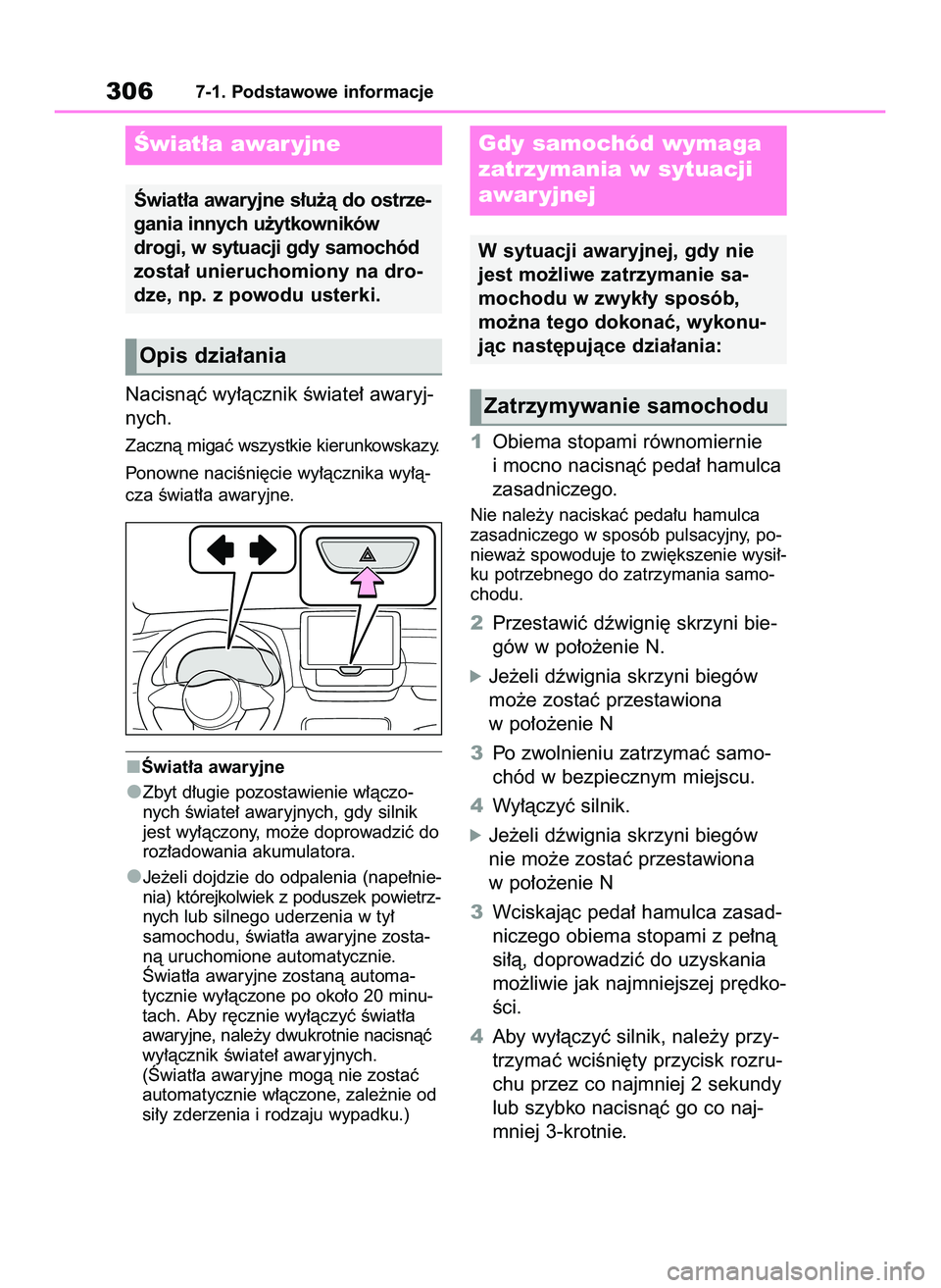 TOYOTA GR YARIS 2020  Instrukcja obsługi (in Polish) Nacisnàç wy∏àcznik Êwiate∏ awaryj-
nych.
Zacznà migaç wszystkie kierunkowskazy.
Ponowne naciÊni´cie wy∏àcznika wy∏à-
cza Êwiat∏a awaryjne.
Âwiat∏a awaryjne
Zbyt d∏ugie pozost