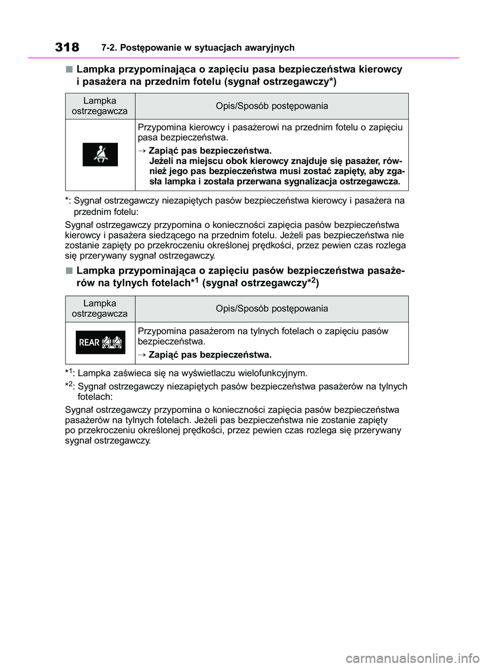 TOYOTA GR YARIS 2020  Instrukcja obsługi (in Polish) Lampka przypominajàca o zapi´ciu pasa bezpieczeƒstwa kierowcy
i pasa˝era na przednim fotelu (sygna∏ ostrzegawczy*)
*: Sygna∏ ostrzegawczy niezapi´tych pasów bezpieczeƒstwa kierowcy i pasa˝