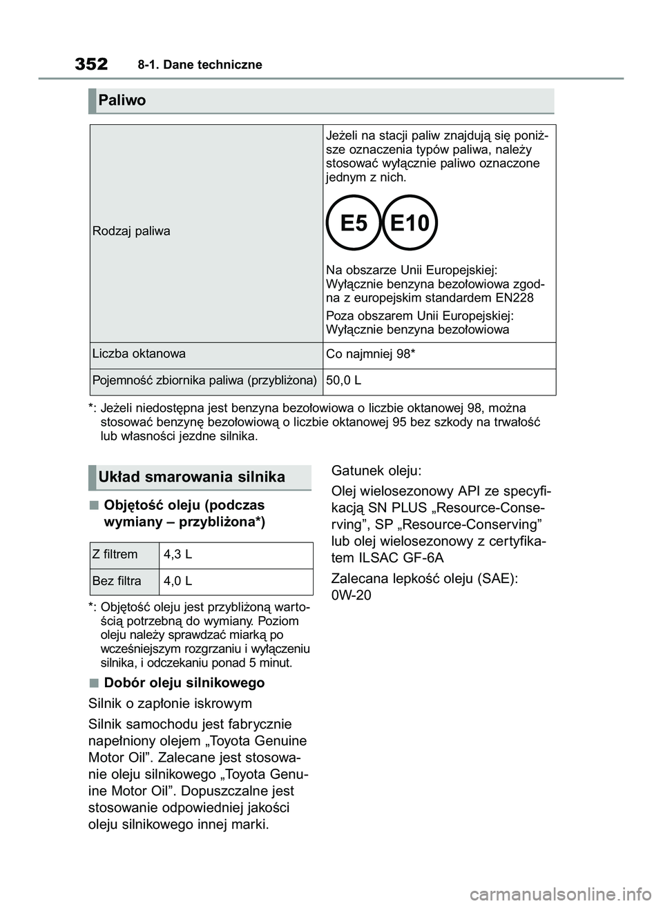 TOYOTA GR YARIS 2020 Instrukcja obsługi (in Polish) Obj´toÊç oleju (podczas
wymiany – przybli˝ona*)
*: Obj´toÊç oleju jest przybli˝onà war to-
Êcià potrzebnà do wymiany. Poziom
oleju nale˝y sprawdzaç miarkà po
wczeÊniejszym rozgrzaniu TOYOTA GR YARIS 2020 Instrukcja obsługi (in Polish) Obj´toÊç oleju (podczas
wymiany – przybli˝ona*)
*: Obj´toÊç oleju jest przybli˝onà war to-
Êcià potrzebnà do wymiany. Poziom
oleju nale˝y sprawdzaç miarkà po
wczeÊniejszym rozgrzaniu