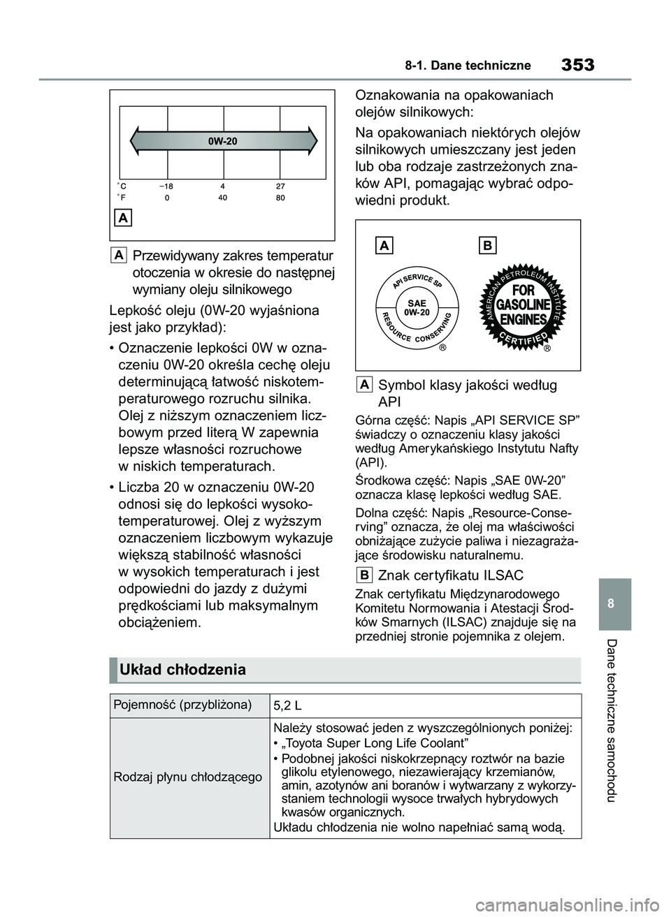 TOYOTA GR YARIS 2020 Instrukcja obsługi (in Polish) Przewidywany zakres temperatur
otoczenia w okresie do nast´pnej
wymiany oleju silnikowego
LepkoÊç oleju (0W-20 wyjaÊniona
jest jako przyk∏ad):
• Oznaczenie lepkoÊci 0W w ozna-
czeniu 0W-20 ok TOYOTA GR YARIS 2020 Instrukcja obsługi (in Polish) Przewidywany zakres temperatur
otoczenia w okresie do nast´pnej
wymiany oleju silnikowego
LepkoÊç oleju (0W-20 wyjaÊniona
jest jako przyk∏ad):
• Oznaczenie lepkoÊci 0W w ozna-
czeniu 0W-20 ok
