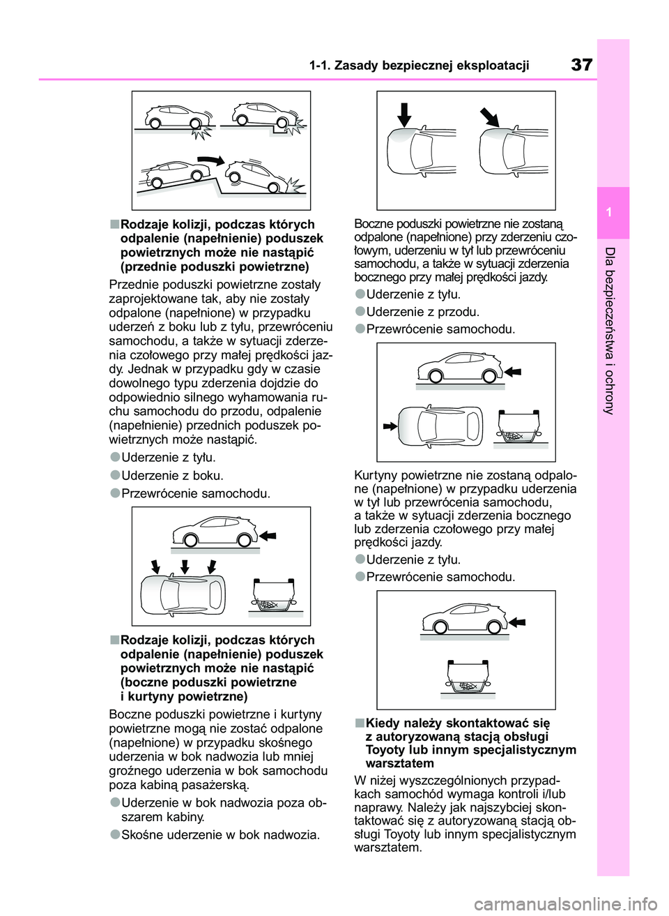 TOYOTA GR YARIS 2020  Instrukcja obsługi (in Polish) Rodzaje kolizji, podczas których
odpalenie (nape∏nienie) poduszek
powietrznych mo˝e nie nastàpiç
(przednie poduszki powietrzne)
Przednie poduszki powietrzne zosta∏y
zaprojektowane tak, aby nie