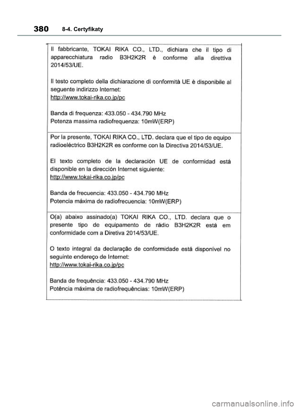 TOYOTA GR YARIS 2020 Instrukcja obsługi (in Polish) 3808-4. Certyfikaty
69 Yaris GR OM52L09E+ 12/16/20 10:54 AM Page 380 TOYOTA GR YARIS 2020 Instrukcja obsługi (in Polish) 3808-4. Certyfikaty
69 Yaris GR OM52L09E+ 12/16/20 10:54 AM Page 380