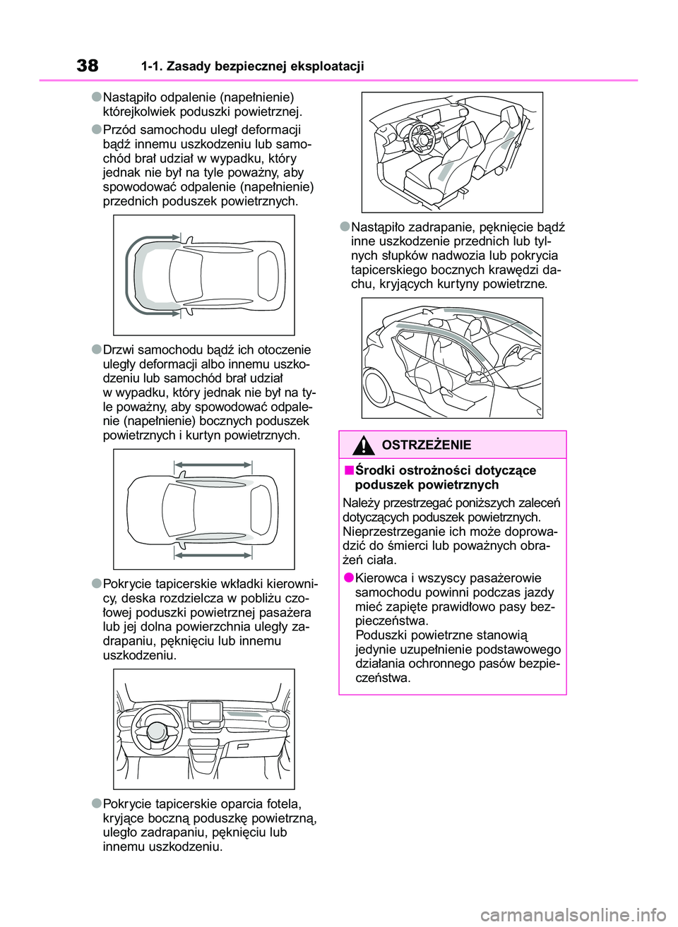 TOYOTA GR YARIS 2020  Instrukcja obsługi (in Polish) Nastàpi∏o odpalenie (nape∏nienie)
którejkolwiek poduszki powietrznej.
Przód samochodu uleg∏ deformacji
bàdê innemu uszkodzeniu lub samo-
chód bra∏ udzia∏ w wypadku, który
jednak nie b