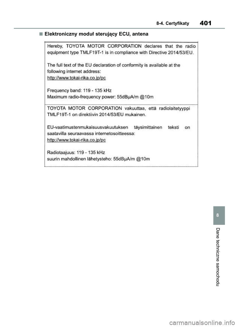 TOYOTA GR YARIS 2020 Instrukcja obsługi (in Polish) Elektroniczny modu∏ sterujàcy ECU, antena
Dane techniczne samochodu
8-4. Certyfikaty401
8
69 Yaris GR OM52L09E+ 12/16/20 10:54 AM Page 401 TOYOTA GR YARIS 2020 Instrukcja obsługi (in Polish) Elektroniczny modu∏ sterujàcy ECU, antena
Dane techniczne samochodu
8-4. Certyfikaty401
8
69 Yaris GR OM52L09E+ 12/16/20 10:54 AM Page 401