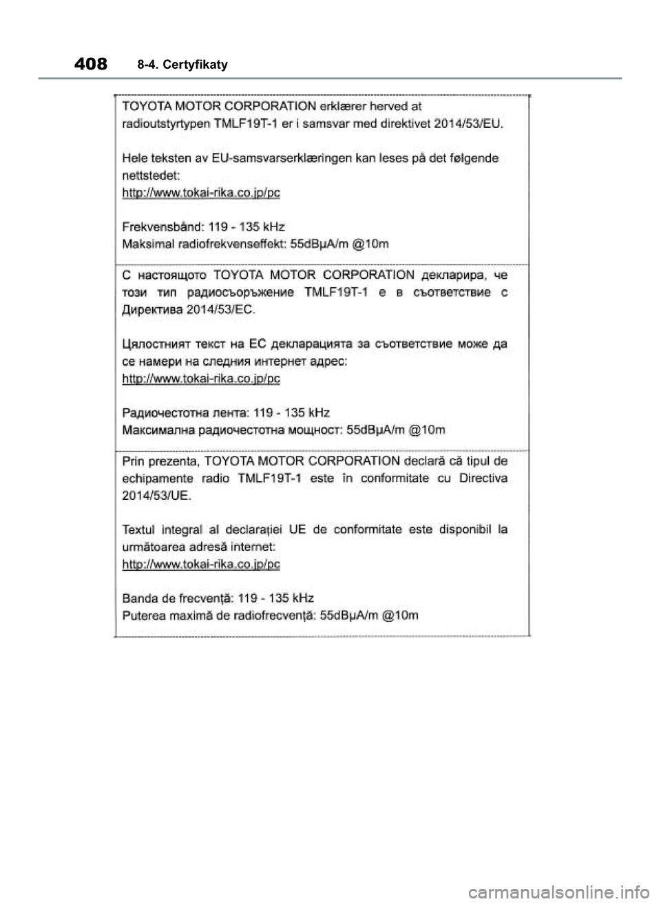 TOYOTA GR YARIS 2020 Instrukcja obsługi (in Polish) 4088-4. Certyfikaty
69 Yaris GR OM52L09E+ 12/16/20 10:54 AM Page 408 TOYOTA GR YARIS 2020 Instrukcja obsługi (in Polish) 4088-4. Certyfikaty
69 Yaris GR OM52L09E+ 12/16/20 10:54 AM Page 408