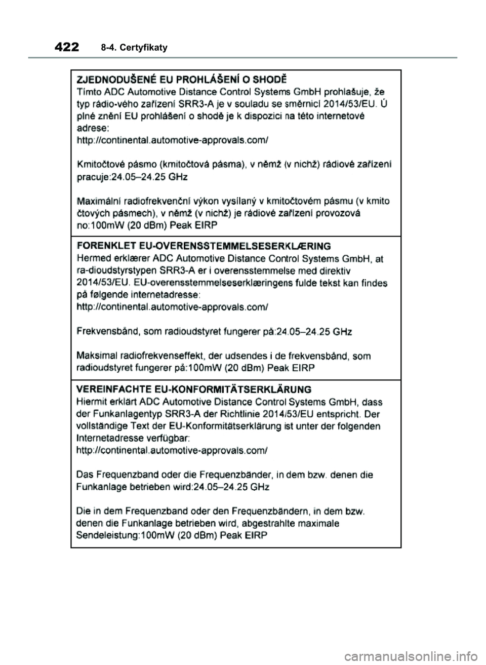 TOYOTA GR YARIS 2020 Instrukcja obsługi (in Polish) 4228-4. Certyfikaty
69 Yaris GR OM52L09E+ 12/16/20 10:54 AM Page 422 TOYOTA GR YARIS 2020 Instrukcja obsługi (in Polish) 4228-4. Certyfikaty
69 Yaris GR OM52L09E+ 12/16/20 10:54 AM Page 422