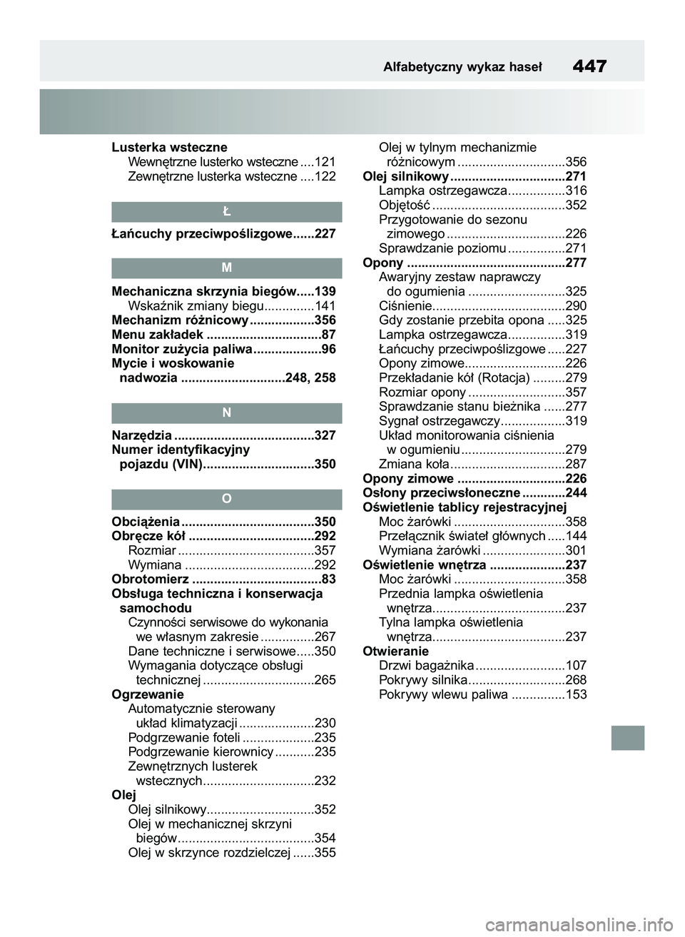 TOYOTA GR YARIS 2020  Instrukcja obsługi (in Polish) Lusterka wsteczne
Wewn´trzne lusterko wsteczne....121
Zewn´trzne lusterka wsteczne....122
¸aƒcuchy przeciwpoÊlizgowe......227
Mechaniczna skrzynia biegów.....139
Wskaênik zmiany biegu..........