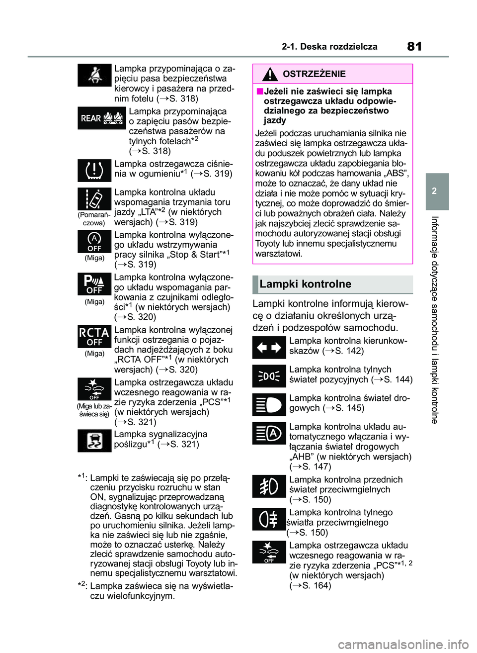 TOYOTA GR YARIS 2020  Instrukcja obsługi (in Polish) Lampka przypominajàca o za-
pi´ciu pasa bezpieczeƒstwa
kierowcy i pasa˝era na przed-
nim fotelu (
S. 318)
Lampka przypominajàca
o zapi´ciu pasów bezpie-
czeƒstwa pasa˝erów na
tylnych fotela