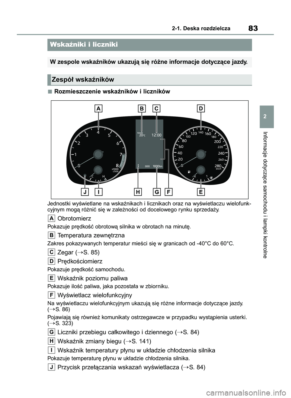 TOYOTA GR YARIS 2020  Instrukcja obsługi (in Polish) Rozmieszczenie wskaêników i liczników
Jednostki wyÊwietlane na wskaênikach i licznikach oraz na wyÊwietlaczu wielofunk-
cyjnym mogà ró˝niç si´ w zale˝noÊci od docelowego rynku sprzeda˝y.