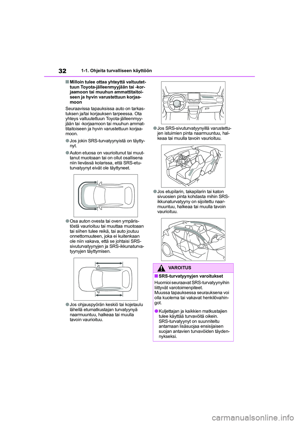 TOYOTA GR YARIS 2020  Omistajan Käsikirja (in Finnish) 32
YARIS GR OM52L09FI
1-1. Ohjeita turvalliseen käyttöön
nMilloin tulee ottaa yhteyttä valtuutet-
tuun Toyota-jälleenmyyjään tai -kor-
jaamoon tai muuhun ammattitaitoi-
seen ja hyvin varustettu