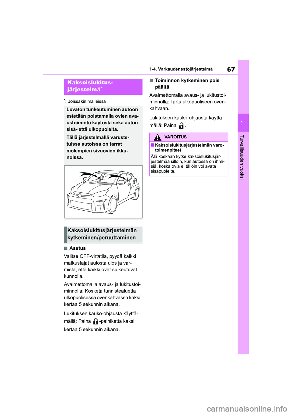 TOYOTA GR YARIS 2020  Omistajan Käsikirja (in Finnish) 67
1
YARIS GR OM52L09FI
1-4. Varkaudenestojärjestelmä
Turvallisuuden vuoksi
*: Joissakin malleissa
nAsetus
Valitse OFF-virtatila, pyydä kaikki 
matkustajat autosta ulos ja var-
mista, että kaikki 