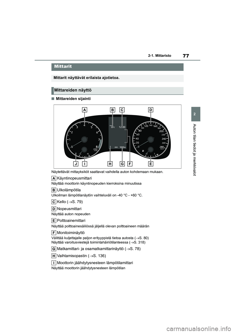 TOYOTA GR YARIS 2020 Omistajan Käsikirja (in Finnish) 77
2
YARIS GR OM52L09FI
2-1. Mittaristo
Auton tilan tiedot ja merkkivalot
nMittareiden sijainti
Näytettävät mittayksiköt saattavat vaihdella auton kohdemaan mukaan.
Käyntinopeusmittari
Näyttä TOYOTA GR YARIS 2020 Omistajan Käsikirja (in Finnish) 77
2
YARIS GR OM52L09FI
2-1. Mittaristo
Auton tilan tiedot ja merkkivalot
nMittareiden sijainti
Näytettävät mittayksiköt saattavat vaihdella auton kohdemaan mukaan.
Käyntinopeusmittari
Näyttä