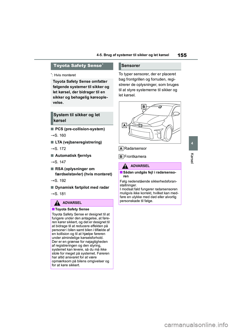 TOYOTA GR YARIS 2020 Brugsanvisning (in Danish) 155
4
YARIS GR OM52L09DK
4-5. Brug af systemer til sikker og let kørsel
Kørsel
4-5.Brug af systemer til sikker og let kørsel
*: Hvis monteret
nPCS (pre-collision-system)
S. 160
nLTA (vejbanereg TOYOTA GR YARIS 2020 Brugsanvisning (in Danish) 155
4
YARIS GR OM52L09DK
4-5. Brug af systemer til sikker og let kørsel
Kørsel
4-5.Brug af systemer til sikker og let kørsel
*: Hvis monteret
nPCS (pre-collision-system)
S. 160
nLTA (vejbanereg