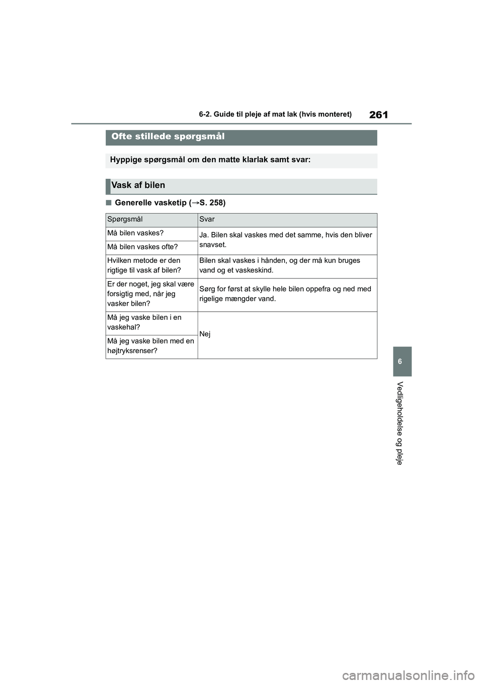 TOYOTA GR YARIS 2020 Brugsanvisning (in Danish) 261
6
YARIS GR OM52L09DK
6-2. Guide til pleje af mat lak (hvis monteret)
Vedligeholdelse og pleje
nGenerelle vasketip (S. 258)
Ofte stillede spørgsmål
Hyppige spørgsmål om den matte klarlak sam TOYOTA GR YARIS 2020 Brugsanvisning (in Danish) 261
6
YARIS GR OM52L09DK
6-2. Guide til pleje af mat lak (hvis monteret)
Vedligeholdelse og pleje
nGenerelle vasketip (S. 258)
Ofte stillede spørgsmål
Hyppige spørgsmål om den matte klarlak sam