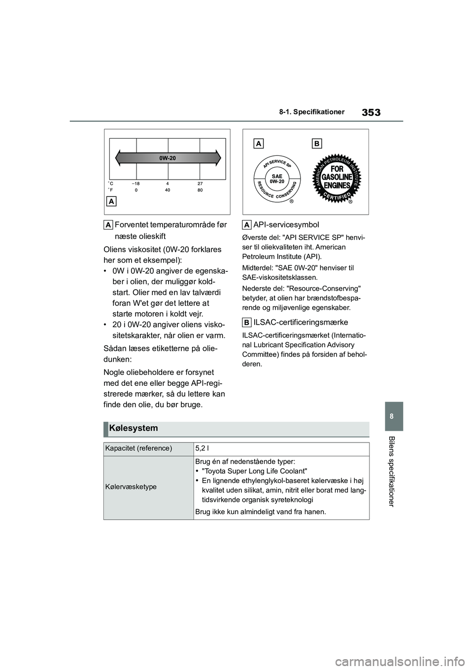 TOYOTA GR YARIS 2020  Brugsanvisning (in Danish) 353
8
YARIS GR OM52L09DK
8-1. Specifikationer
Bilens specifikationer
Forventet temperaturområde før 
næste olieskift
Oliens viskositet (0W-20 forklares 
her som et eksempel):
• 0W i 0W-20 angiver