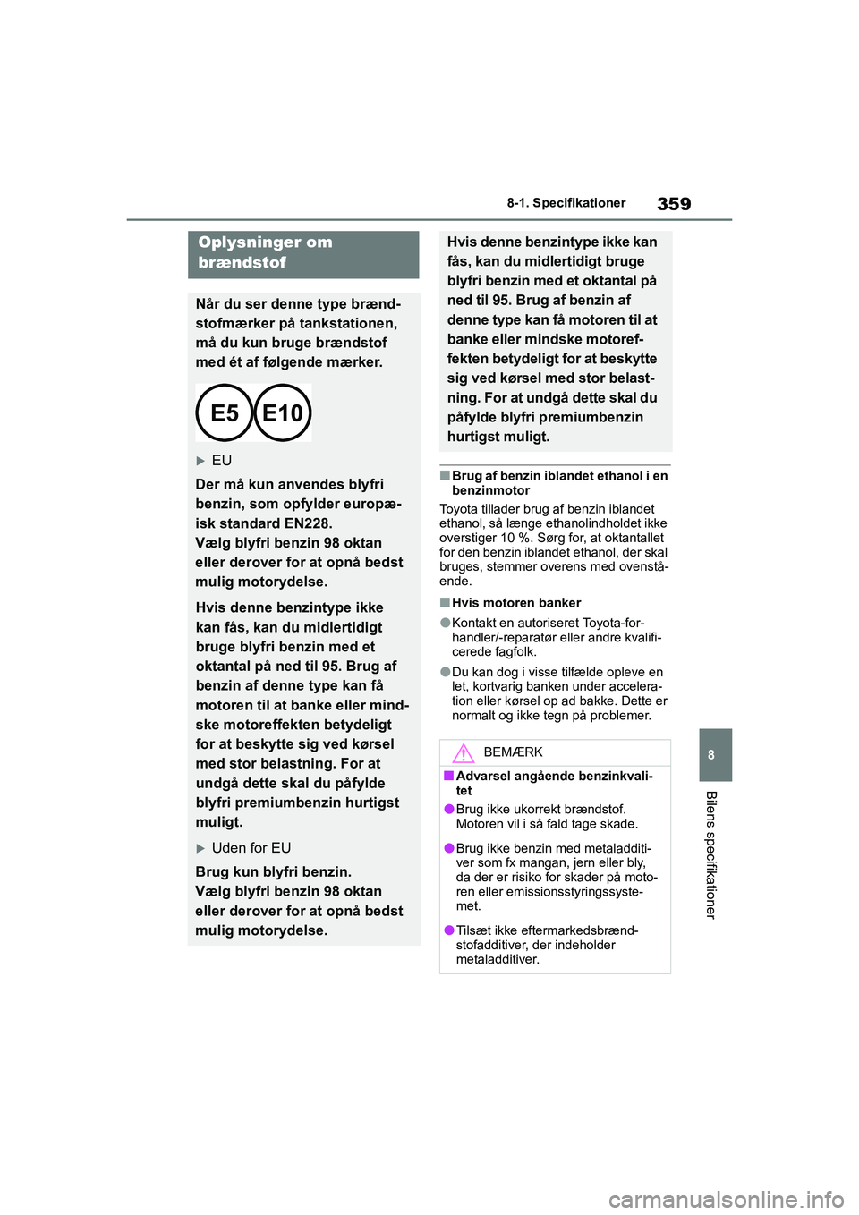 TOYOTA GR YARIS 2020  Brugsanvisning (in Danish) 359
8
YARIS GR OM52L09DK
8-1. Specifikationer
Bilens specifikationer
nBrug af benzin iblandet ethanol i en 
benzinmotor
Toyota tillader brug af benzin iblandet 
ethanol, så længe ethanolindholdet ik