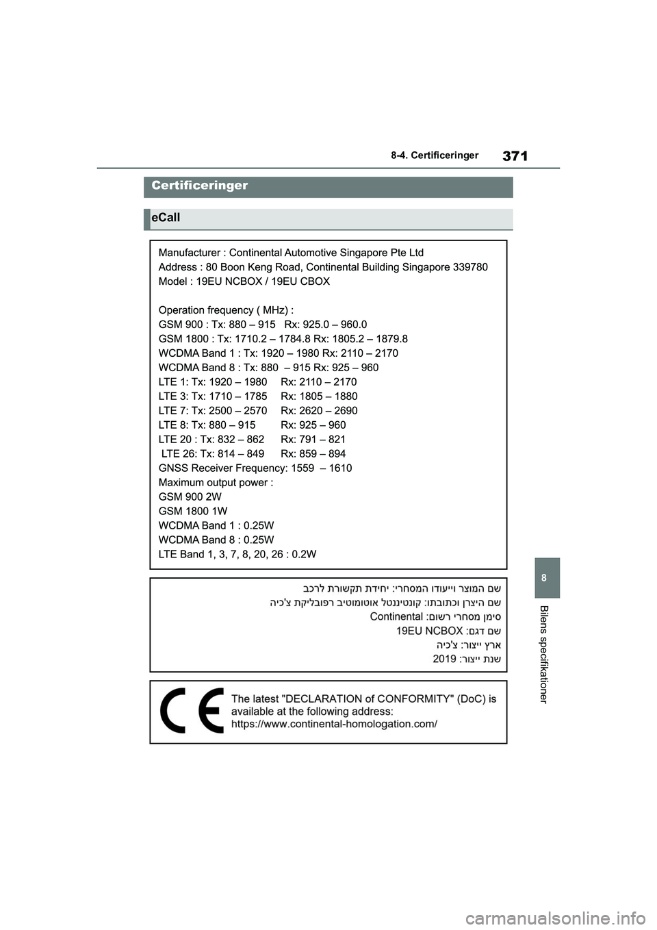 TOYOTA GR YARIS 2020  Brugsanvisning (in Danish) 371
8
YARIS GR OM52L09DK
8-4. Certificeringer
Bilens specifikationer
8-4.Certificeringer
Certificeringer
eCall
OM52L09DK.book  Page 371  Thursday, December 17, 2020  5:31 PM 