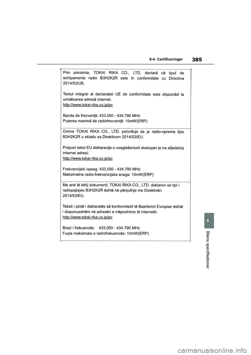 TOYOTA GR YARIS 2020 Brugsanvisning (in Danish) 385
8
YARIS GR OM52L09DK
8-4. Certificeringer
Bilens specifikationer
OM52L09DK.book Page 385 Thursday, December 17, 2020 5:31 PM TOYOTA GR YARIS 2020 Brugsanvisning (in Danish) 385
8
YARIS GR OM52L09DK
8-4. Certificeringer
Bilens specifikationer
OM52L09DK.book Page 385 Thursday, December 17, 2020 5:31 PM