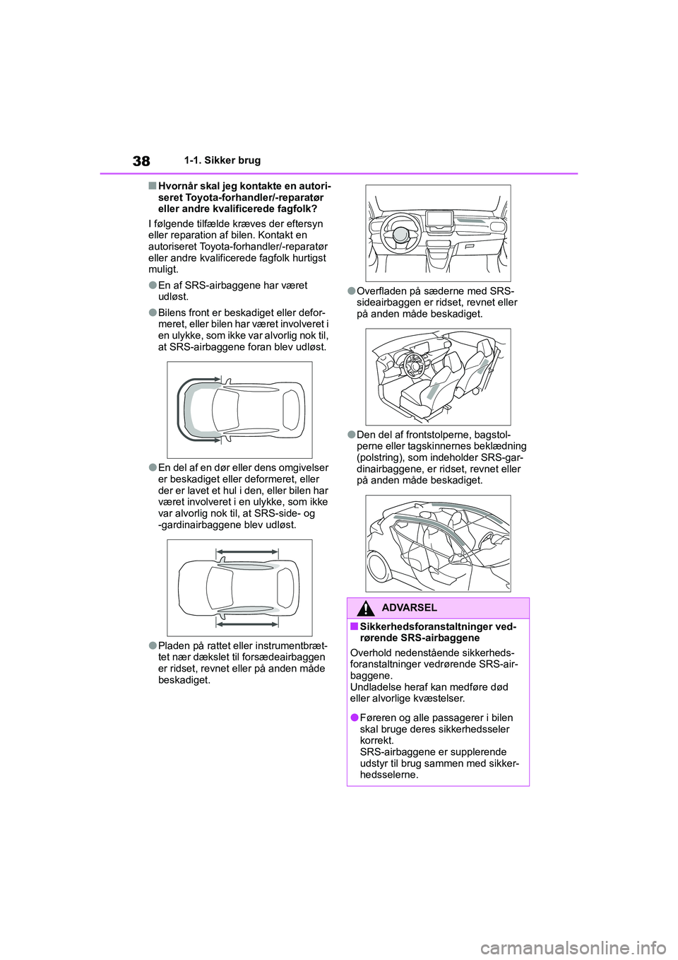 TOYOTA GR YARIS 2020  Brugsanvisning (in Danish) 38
YARIS GR OM52L09DK
1-1. Sikker brug
nHvornår skal jeg kontakte en autori-
seret Toyota-forhandler/-reparatør 
eller andre kvalificerede fagfolk?
I følgende tilfælde kræves der eftersyn 
eller 