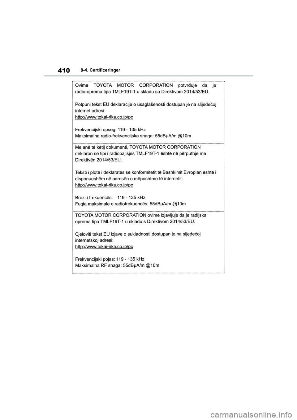 TOYOTA GR YARIS 2020  Brugsanvisning (in Danish) 410
YARIS GR OM52L09DK
8-4. Certificeringer
OM52L09DK.book  Page 410  Thursday, December 17, 2020  5:31 PM 