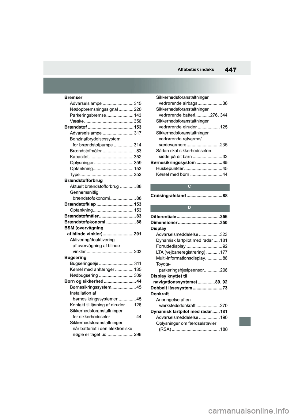 TOYOTA GR YARIS 2020  Brugsanvisning (in Danish) 447
YARIS GR OM52L09DK
Alfabetisk indeks
BremserAdvarselslampe ......................... 315
Nødopbremsningssignal ............ 220
Parkeringsbremse ...................... 143
Væske ................