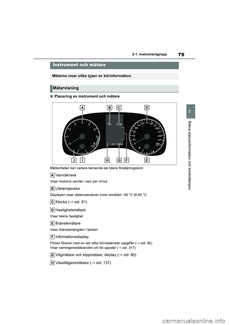 TOYOTA GR YARIS 2020 Bruksanvisningar (in Swedish) 79
2
Yaris OM52L09SE
2-1. Instrumentgrupp
Bilens statusinformation och kontrollampor
nPlacering av instrument och mätare
Måttenheten kan variera beroende på bilens försäljningsland.
Varvräknare
TOYOTA GR YARIS 2020 Bruksanvisningar (in Swedish) 79
2
Yaris OM52L09SE
2-1. Instrumentgrupp
Bilens statusinformation och kontrollampor
nPlacering av instrument och mätare
Måttenheten kan variera beroende på bilens försäljningsland.
Varvräknare