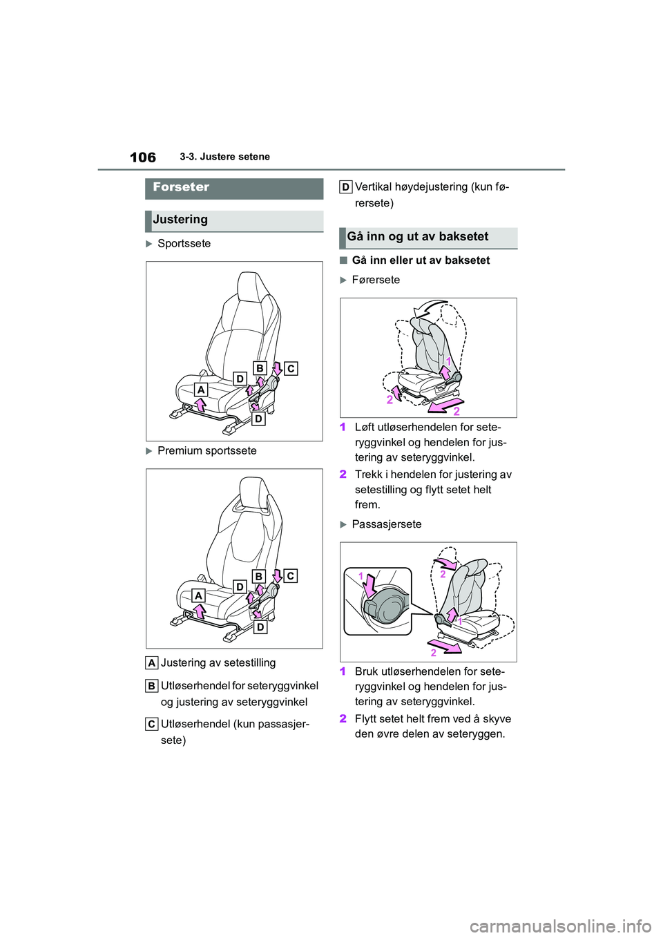 TOYOTA GR YARIS 2020  Instruksjoner for bruk (in Norwegian) 106
YARIS(GR) Owners Manual_Europe_M52L09_no
3-3. Justere setene
3-3.Justere setene
Sportssete
Premium sportsseteJustering av setestilling
Utløserhendel for seteryggvinkel 
og justering av set