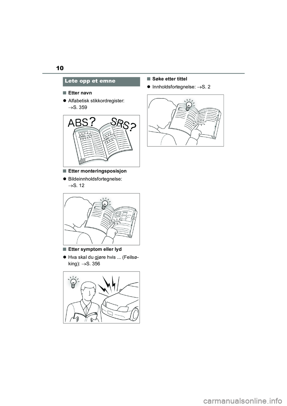 TOYOTA GR YARIS 2020 Instruksjoner for bruk (in Norwegian) 10
YARIS(GR) Owners Manual_Europe_M52L09_no
nEtter navn
Alfabetisk stikkordregister:
S. 359
nEtter monteringsposisjon
Bildeinnholdsfortegnelse:
S. 12
nEtter symptom eller lyd
Hva TOYOTA GR YARIS 2020 Instruksjoner for bruk (in Norwegian) 10
YARIS(GR) Owners Manual_Europe_M52L09_no
nEtter navn
Alfabetisk stikkordregister:
S. 359
nEtter monteringsposisjon
Bildeinnholdsfortegnelse:
S. 12
nEtter symptom eller lyd
Hva