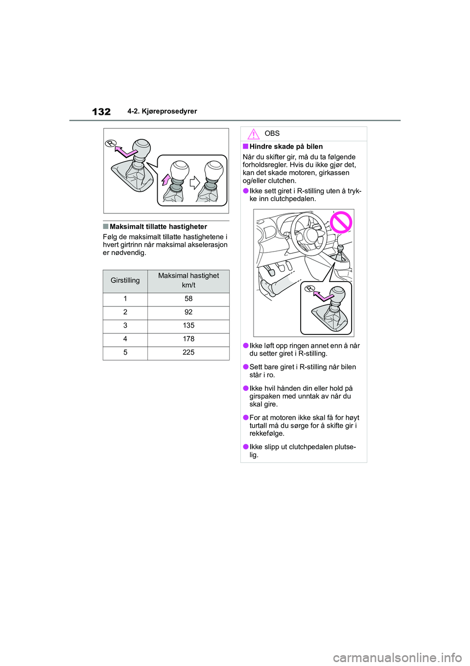 TOYOTA GR YARIS 2020 Instruksjoner for bruk (in Norwegian) 132
YARIS(GR) Owners Manual_Europe_M52L09_no
4-2. Kjøreprosedyrer
nMaksimalt tillatte hastigheter
Følg de maksimalt tillatte hastighetene i
hvert girtrinn når ma ksimal akselerasjon
er nødvendi TOYOTA GR YARIS 2020 Instruksjoner for bruk (in Norwegian) 132
YARIS(GR) Owners Manual_Europe_M52L09_no
4-2. Kjøreprosedyrer
nMaksimalt tillatte hastigheter
Følg de maksimalt tillatte hastighetene i
hvert girtrinn når ma ksimal akselerasjon
er nødvendi